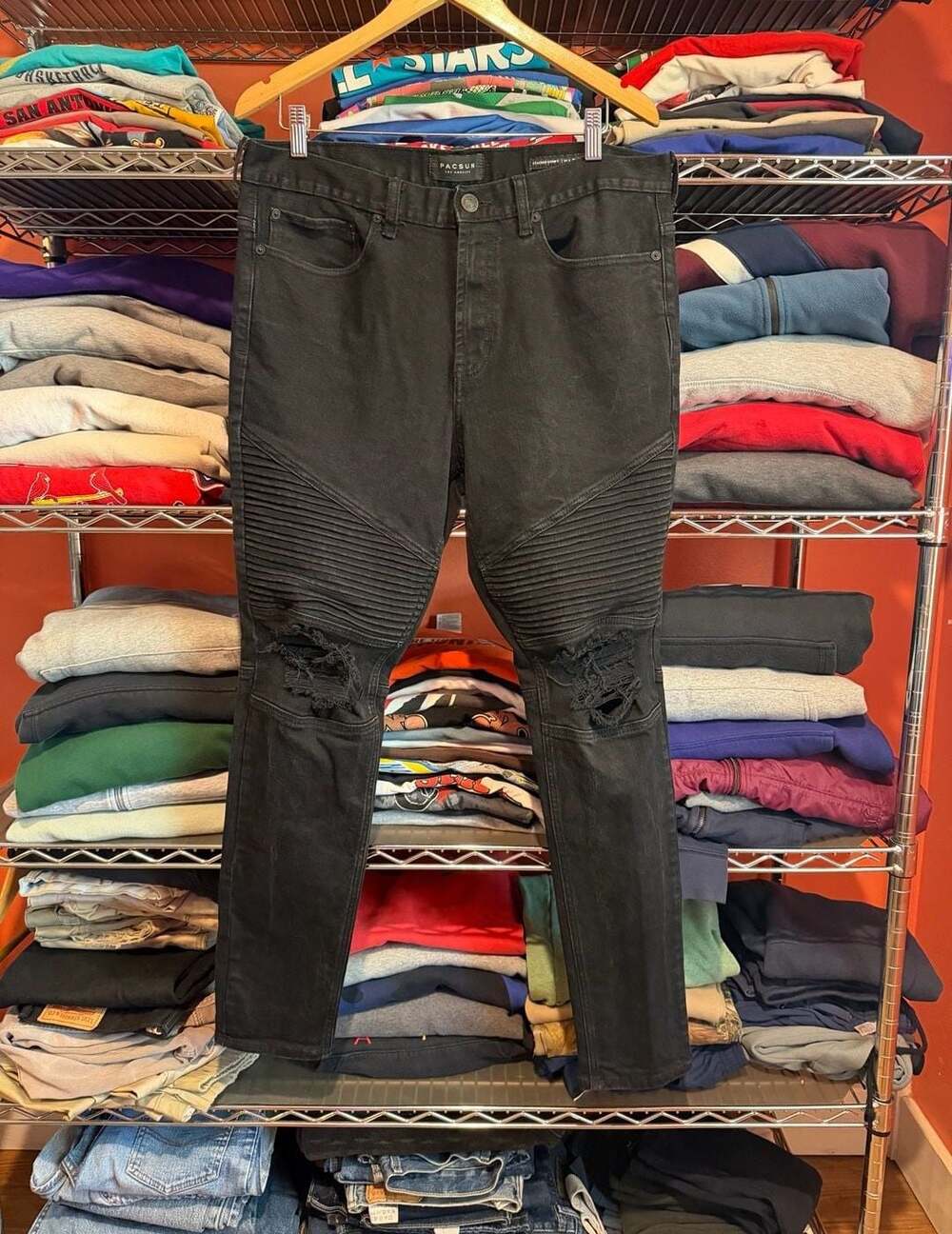 PacSun Stacked Skinny Size 34x30 Black Moto Ripped Stretch Jeans